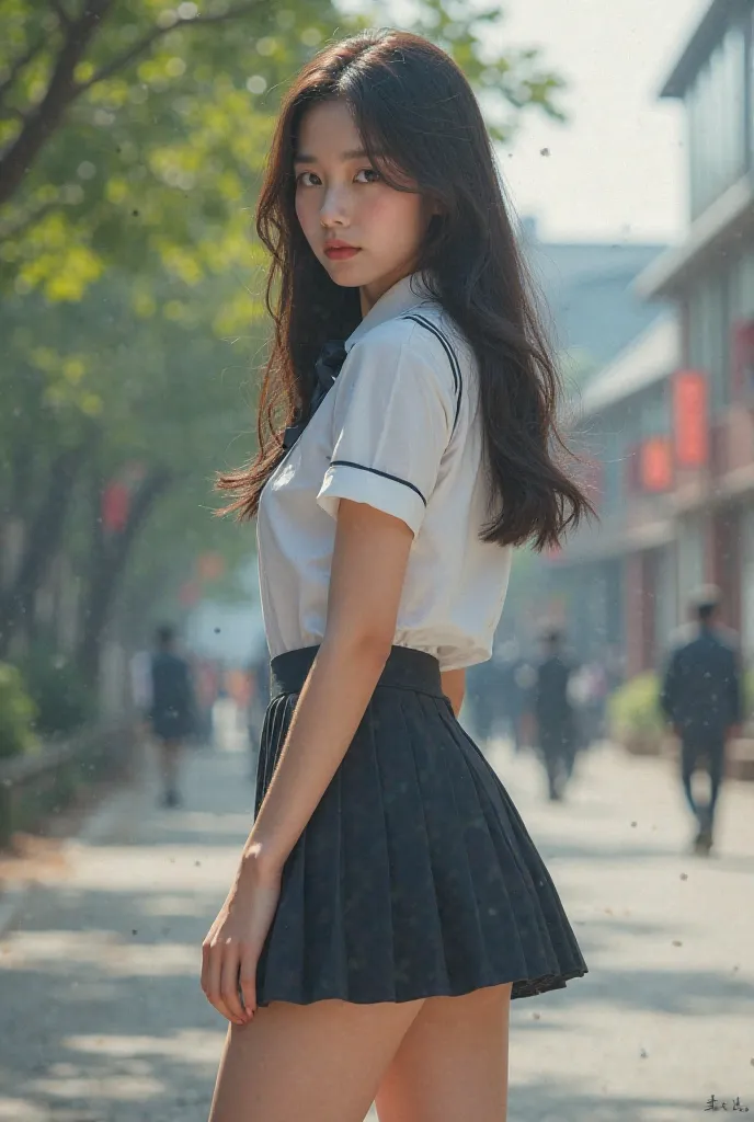 Jennie from Blackpink in Korean high school clothes, short skirt with her back to the camera looking softly back,  short school skirt