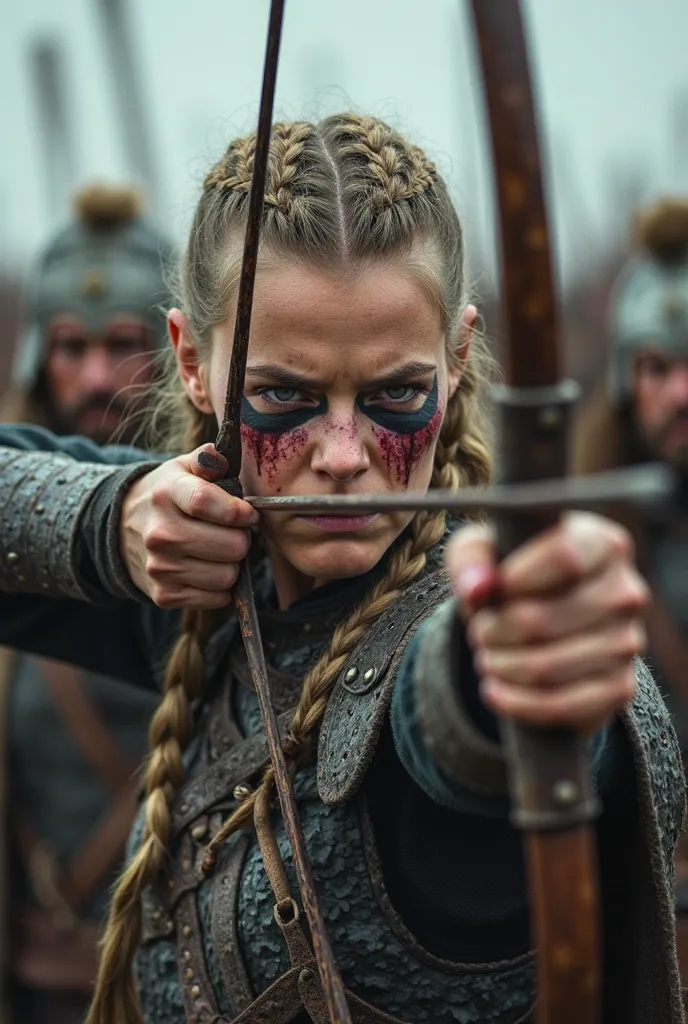 "A fierce female Viking warrior with braided hair, wearing dark war paint across her eyes, aiming a bow with intense focus. Her face is smeared with blood, and she wears detailed leather and metal armor. Behind her, blurred Viking warriors in battle. The a...