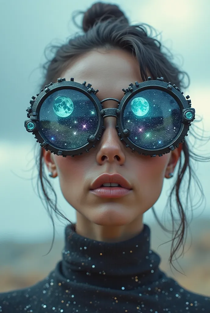 The model is wearing glass sunglasses with stars and the moon on the glass