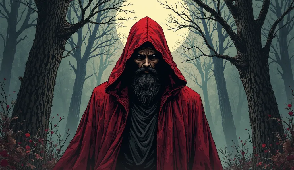 Illustration in red and black ink, horror comic style, of a handsome satanic monk, with red robe and hood, beard, standing in a mysterious night forest. His look is evil. Super resolution, super quality, volumetric lights, high relief. Work of art.
