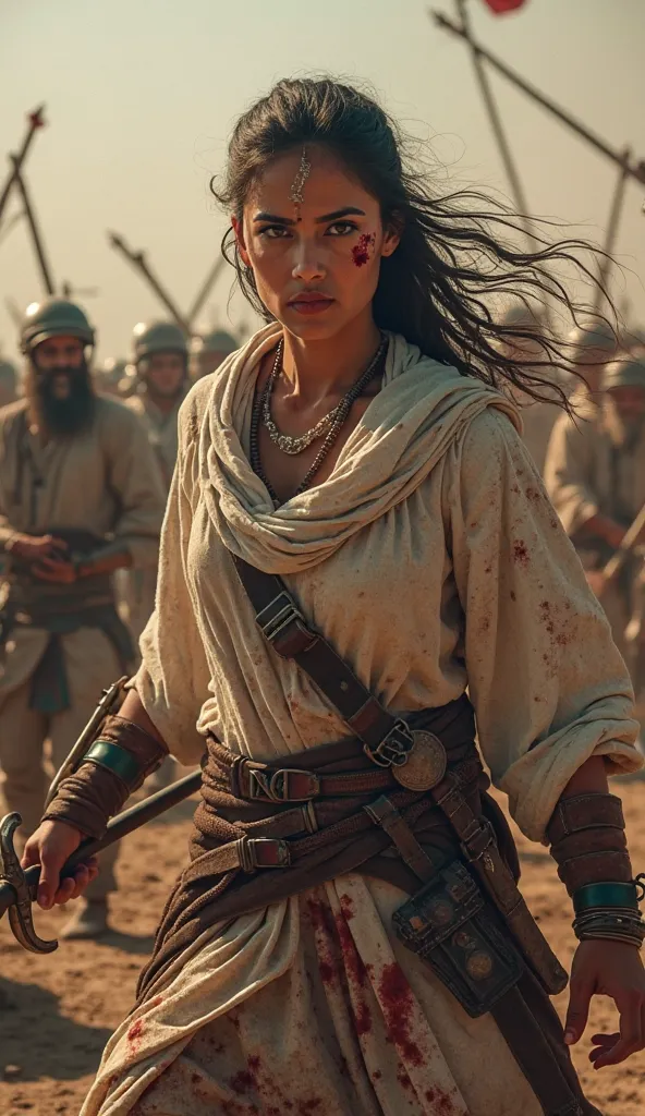 "An intense 8K hyper-realistic scene of a fierce Arabian female warrior in the midst of battle. She wields a sword with determination, her clothes stained with blood. The battlefield around her is chaotic, with fallen warriors, clashing swords, and arrows ...