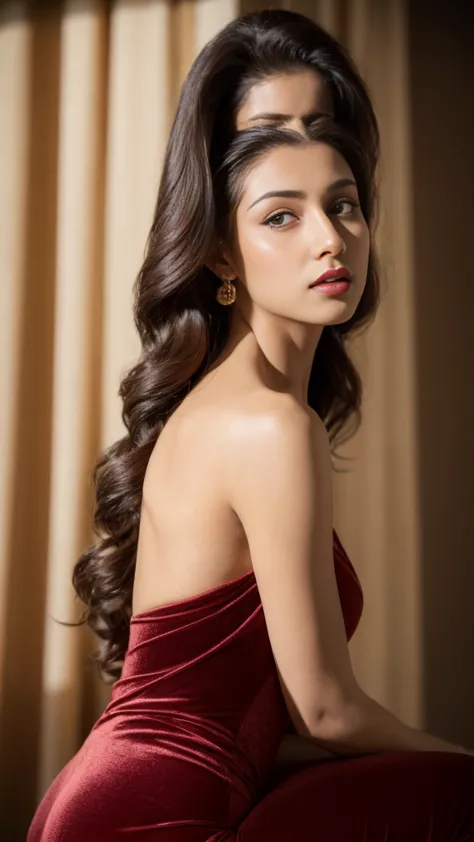 nsfw, Classic Bollywood glamour, wearing red evening gown, dazzling accessories, (captivating eyes, red lips, flawless skin), luxurious backdrop, velvet curtains, dramatic pose, interesting composition, spotlight illumination, rich shadows, sparkling bokeh...