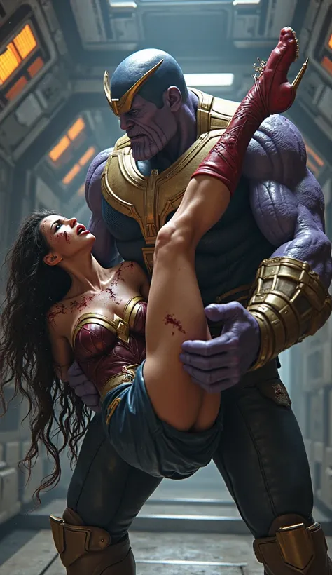 Wonder woman back is against a wall and Thanos lifting her legs up, wonder woman is crying loudly , inside a spaceship 