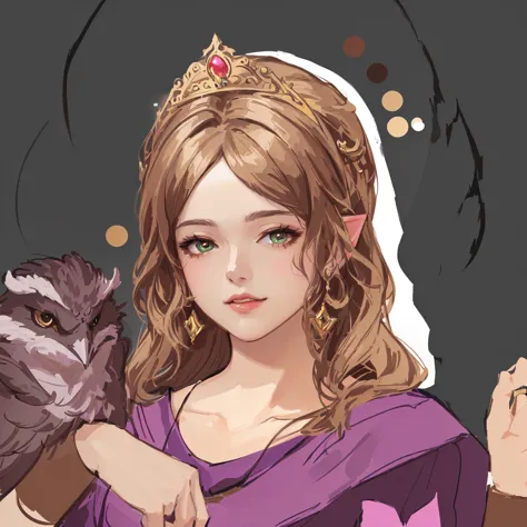 there is a woman holding a bird and wearing a crown, fantasy art style, detailed fanart, portrait of an elf queen, detailed character portrait, digital anime illustration, ((a beautiful fantasy empress)), epic fantasy art style, highly detailed exquisite f...