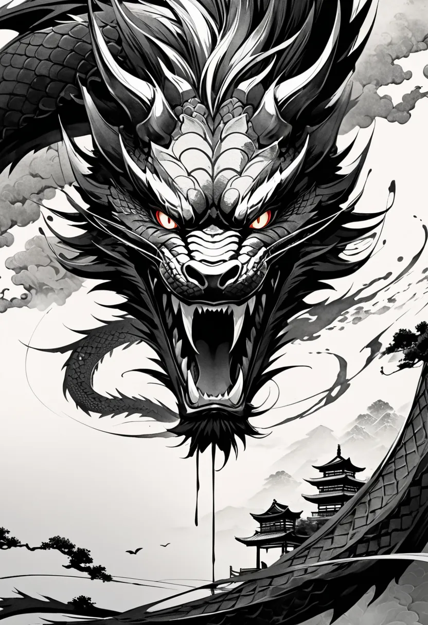 Create a three-dimensional ink painting of a traditional Japanese dragon's eyes seeping from the paper and glaring at the viewer, The dragon's face should exude a sense of intense power and mystique with both eyes rendered in a way that they appear to emer...