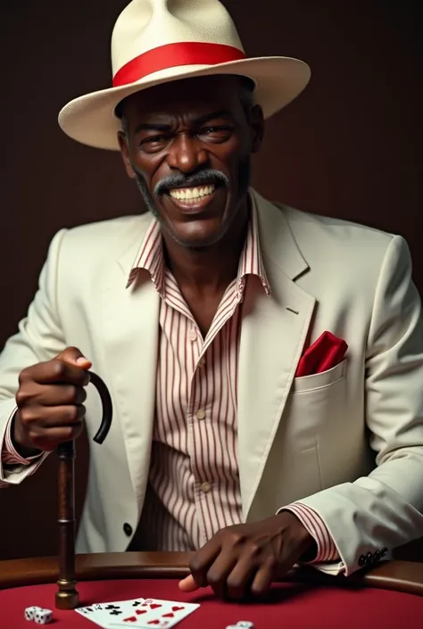 ultra realistic image, 4k, of ze pelintra, a smiling black man with a panama hat and a red ribbon in the middle of the hat, a white suit with a white striped shirt with red inside the open suit, he holds a cane and has dice and cards on the screen