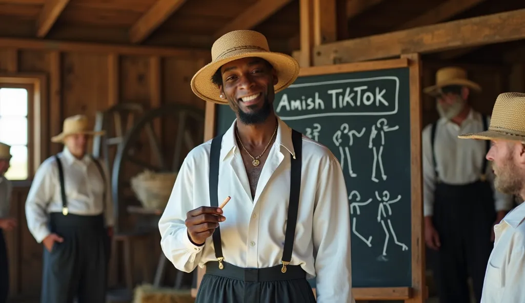 A hyper-realistic, ultra-HD image of Snoop Dogg, the only Black man in the scene, standing inside a rustic Amish barn, dressed in traditional Amish attire—white shirt, dark suspenders, and a straw hat slightly tilted to the side. He’s holding a piece of ch...