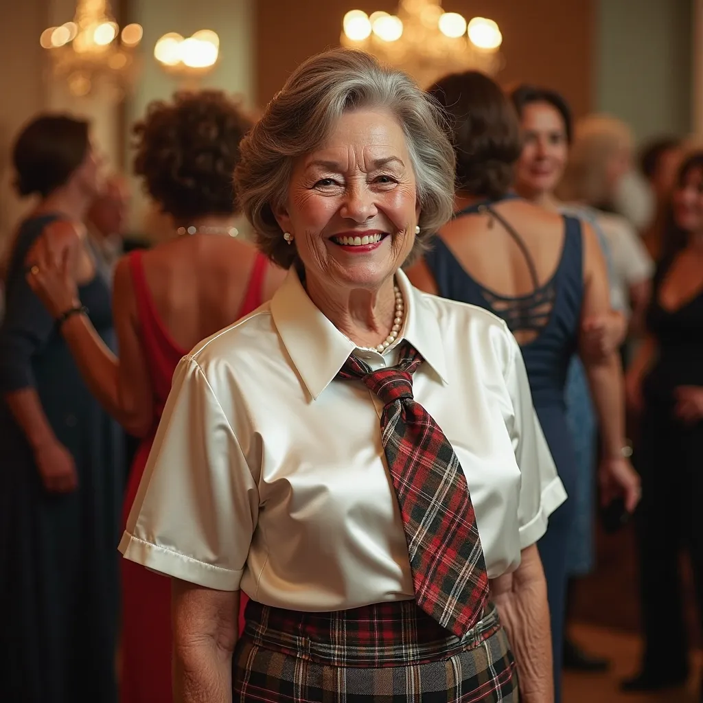 full-length picture,
a very old ninety yers old lady,
she smiling broadly,
posing standing,
facing the camera,
her gaze is direct,
she is looking directly at the viewer,
Her hair is very graying auburn,
Her hair is styled in a slightly layered, bob-like cu...