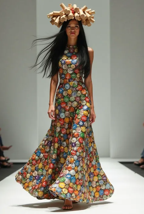 A woman with long black hair who wears a long dress made of multi-colored bottle caps, who wears a hat made of bottle corks and who walks on a catwalk. 