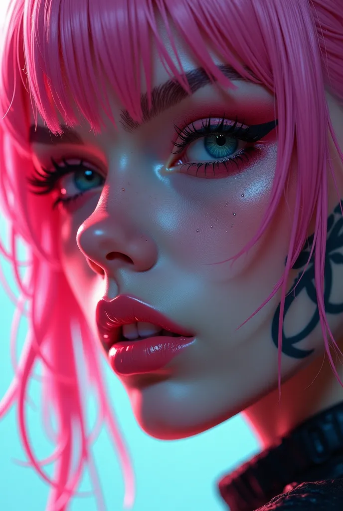 a close up of a woman with pink hair and tattoos, cyberpunk art inspired by rossdraws, trending on pixiv, gothic art, anime vibes, anime styled, anime style 4 k, anime style portrait, anime style character, anime style. 8k, cyberpunk anime girl, anime styl...