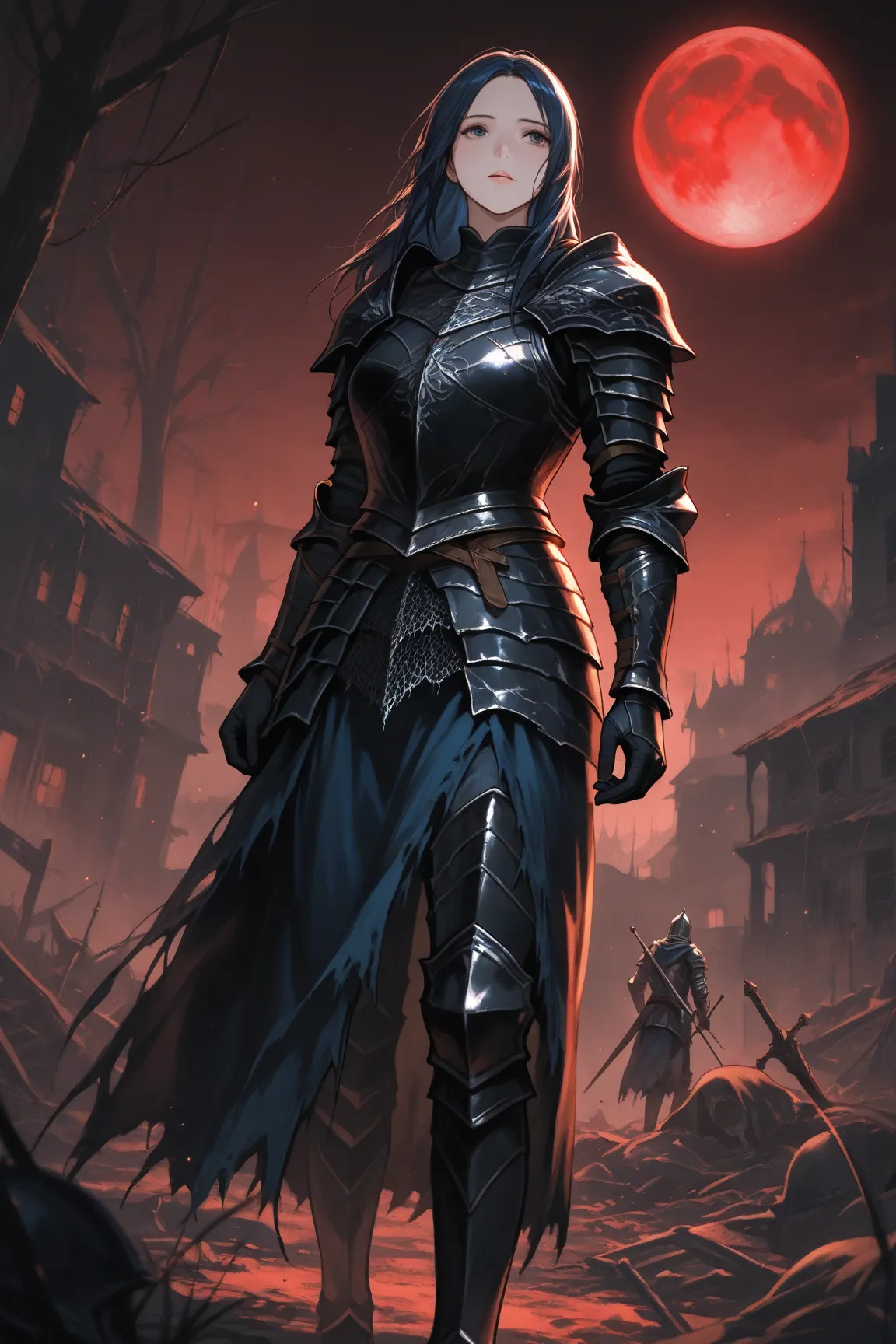  manga ,Dark blue hair, beauty,Dark Souls, female knight,Red Moon,Abandoned Village,black armor,