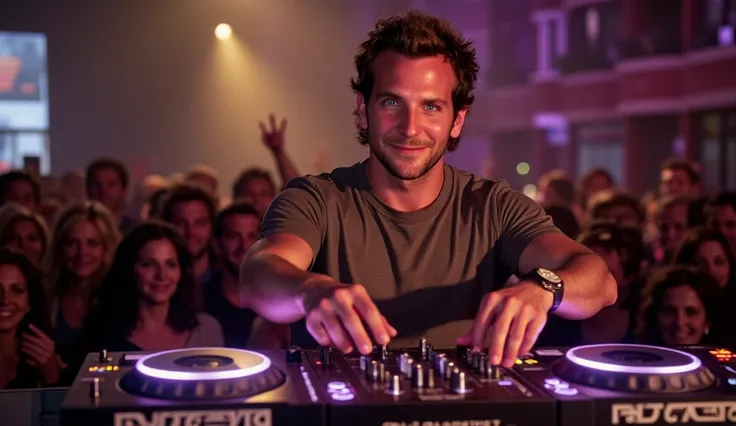 Close-up of DJ Bradley Cooper wearing headphones wireless , seen from the front, surrounded by a large number of excited people. The DJ is having fun. He is using a Pioneer DJ mixer with LEDs. Night falls through a normal-sized window behind him. In the ba...