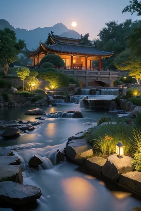 Ancient Chinese architecture, moon, midnight, garden, bamboo, lake, stone bridge, rockery, arch, corner, Tree, tap water, landscape, outdoor, Fall, Grass, rock, lotus, hot spring, water vapor, (illustration: 1.0), epic work, Realistic lighting, HD details,...