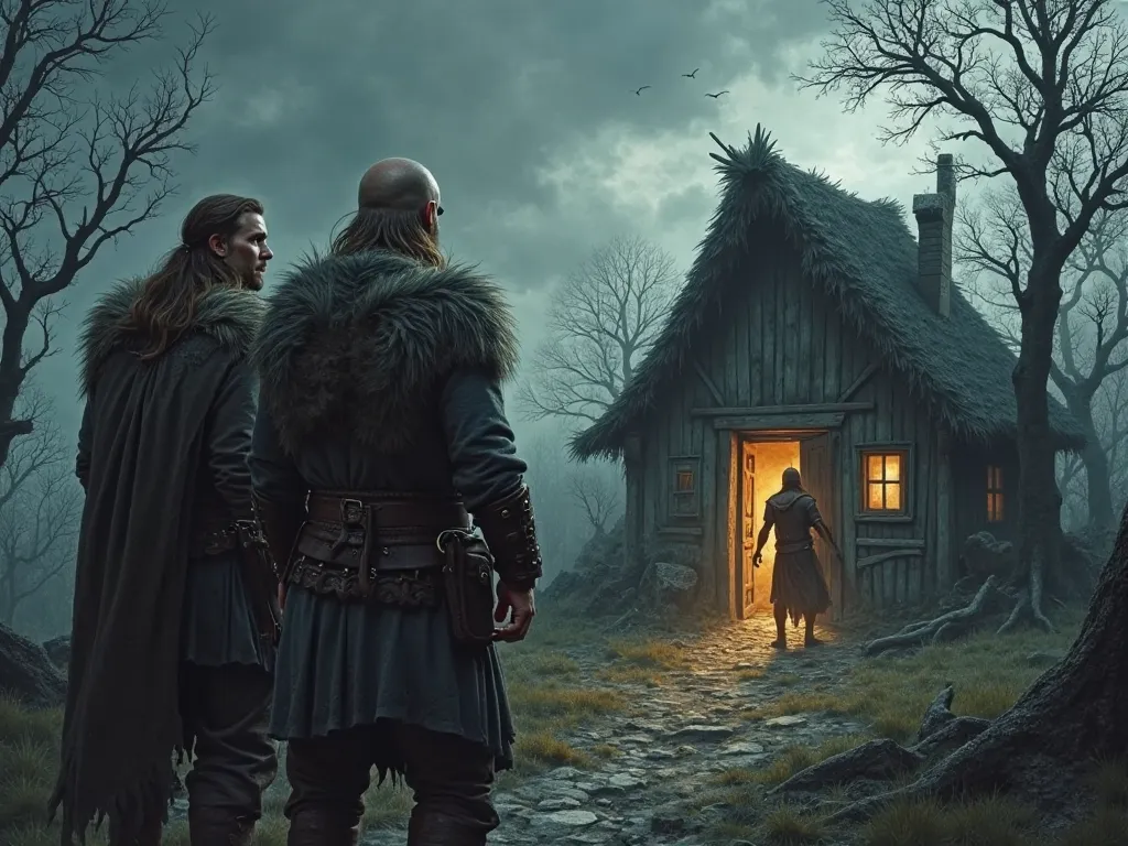 Two vikings watching their friend escape the witches house