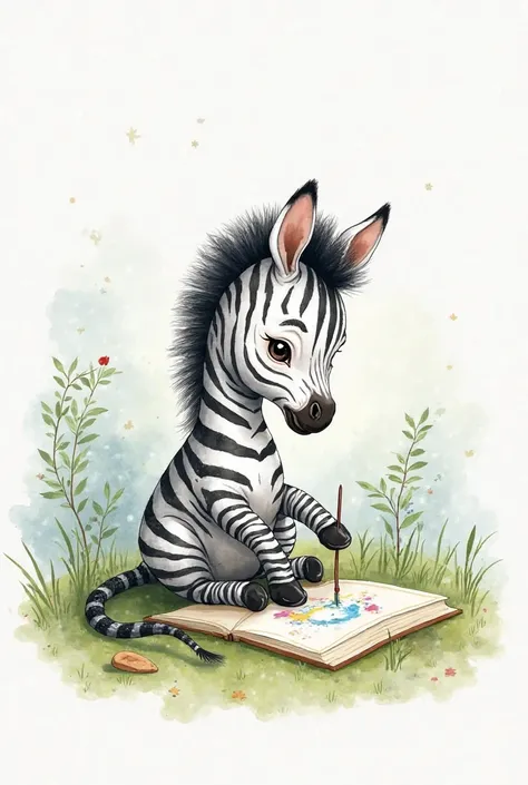 Seated baby zebra drawing in watercolor 