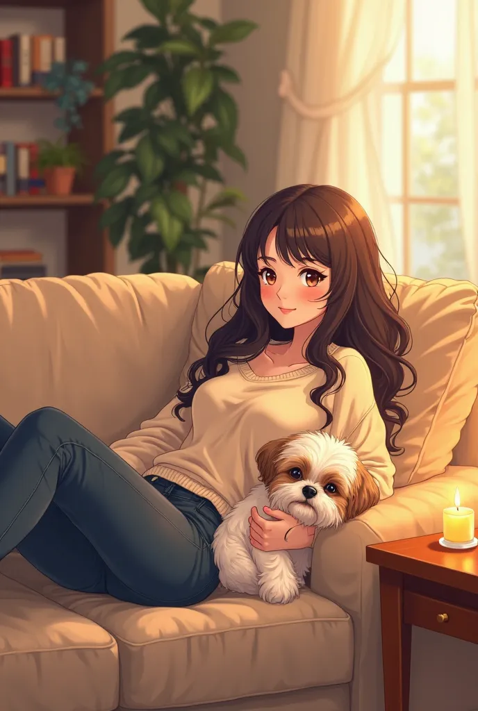 
Create an anime illustration of a woman with long, wavy dark brown hair, lounging comfortably on a beige couch in a warmly lit living room. She wears a loose, cream-colored sweater and dark blue jeans, with a soft and content expression on her face. A flu...