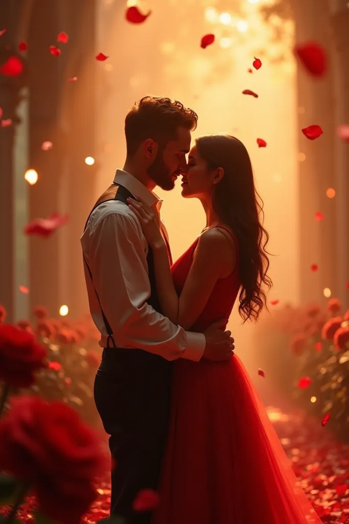 "A romantic couple standing close together, surrounded by a dreamy atmosphere with warm golden and red hues. The background is soft and blurred, with glowing lights and floating rose petals. The couple is in an affectionate pose, symbolizing deep love and ...