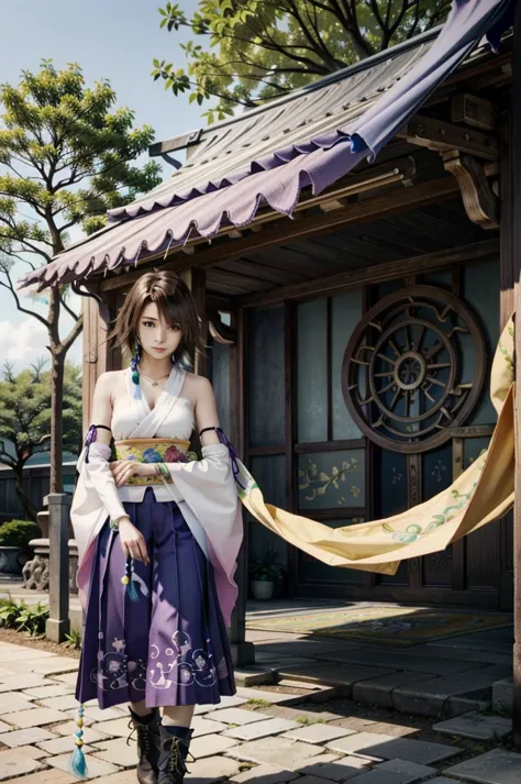 (masterpiece, best quality:1.3)
【Yuna FF10,  1 girl, Alone, watching viewers, smile,  short hair, Blue Eyes, skirt, brown hair, hair ornaments close to the garden,  jewelry, underwear, green eye, standing, full body,  Bbo~, detach sleeve,  Japanese Clothes...