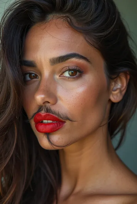 Close-up image of a latin brunette woman with a natural mustache hairs and chin hairs, red lipstick