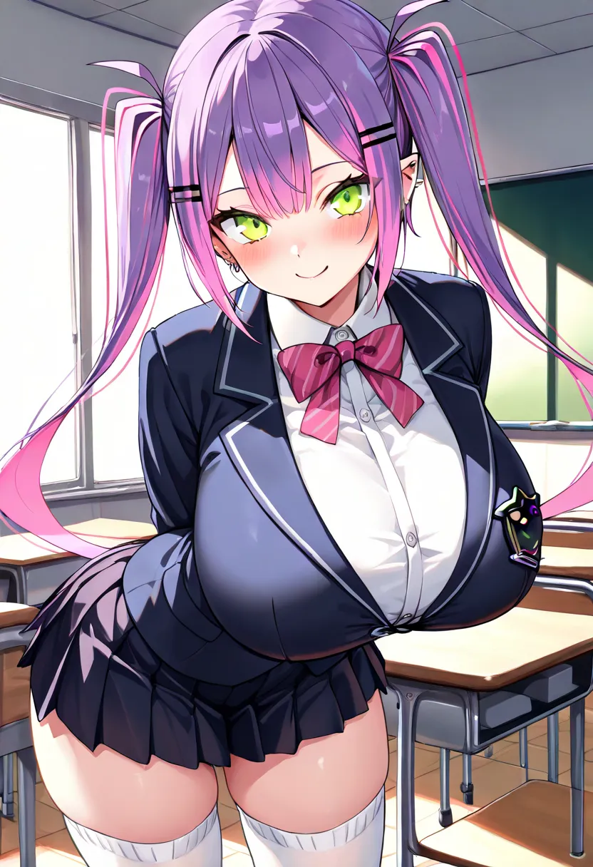 (Best Quality , 8k , masterpiece , incredibly absurdres , perfect body , super detailed skin , highly detailed eyes and face , 1 woman ) , tokoyami towa , purple Hair , Green eyes , smile ,  will be happy , ( school uniform , blazer , white shirt , miniski...