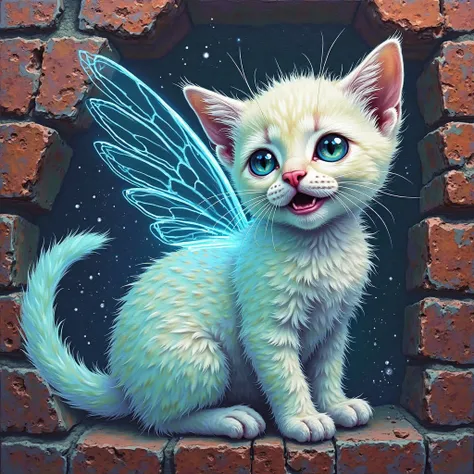 side view, graffiti style. drawing on a stone wall,
Anime style,
Sydney Hanson
bright
xray lines tiny white creature, translucent from the inside ears made of fibers of light hologram wings in the wind,
cosmic multi-colored striped fluffy miracle in a hole...