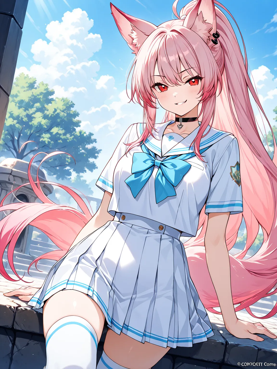 ((masterpiece, best quality, extremely detailed)), 1girl, pink hair, long hair, ponytail, long sidelocks, red eyes, fox ears, school uniform, white thighhighs, hair ribbon, looking at viewer, smirk