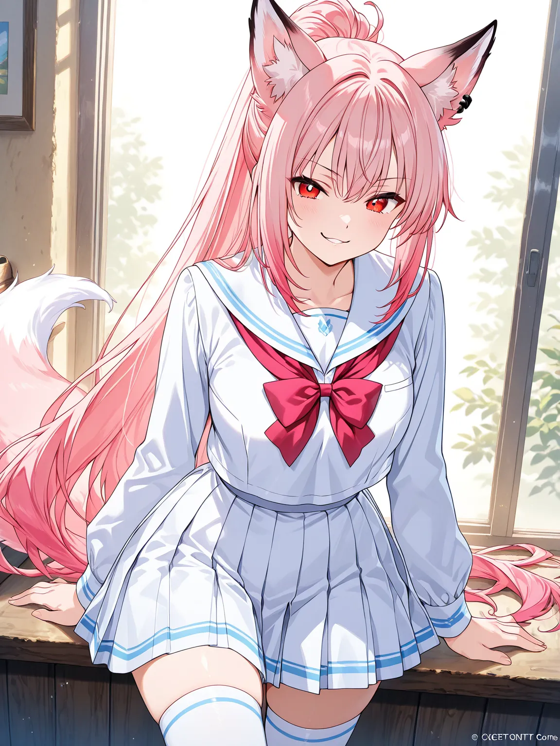 ((masterpiece, best quality, extremely detailed)), 1girl, pink hair, long hair, ponytail, long sidelocks, red eyes, fox ears, school uniform, white thighhighs, hair ribbon, looking at viewer, smirk