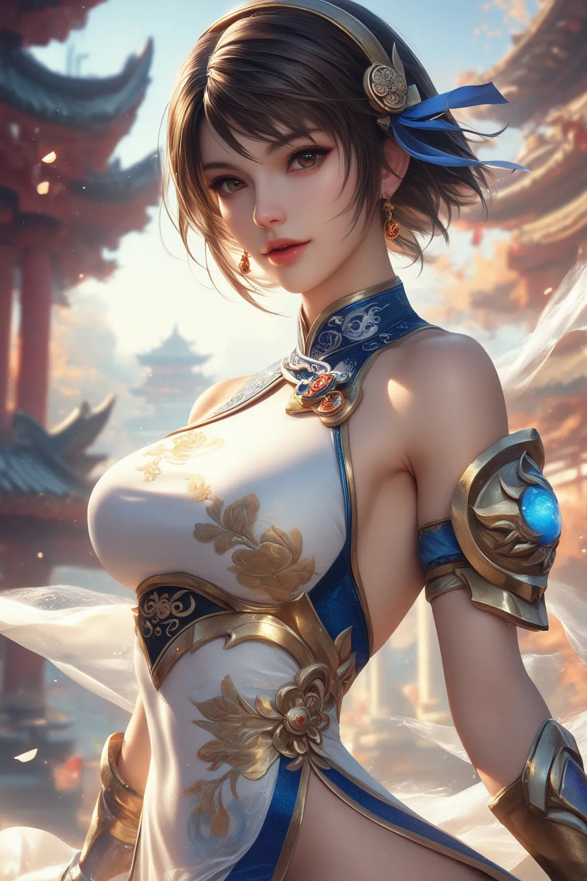 Soul Calibur ,  Beautiful Xianghua , Seductive Brown Eyes,  short brown hair、Long Side Strands {x} White Chinese Style Dress with Glamorous Blue and Gold Details, hair band, Light bokeh, Chinese temple background , finely drawn eyes, Stunning Visuals, best...