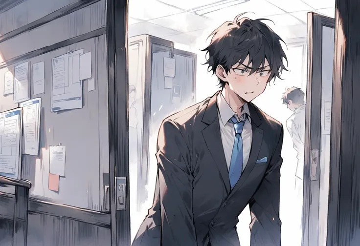 Office at work, one man, 28 years old, short hair, black hair, displeased face, blue tie, black business suit, standing and enduring