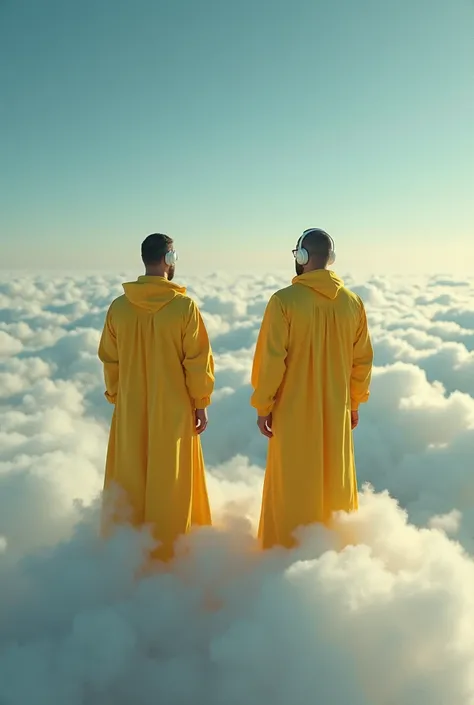 two men in yellow robes standing on a sky covered with clouds,  in a cloud , 4k frame of Breaking Bad,  sylvain Sarrailh and Igor Morski , by Mike Winkelmann, Rob Gonsalves and Tim White, de pie  in a cloud , Clemens Ascher, with white headphones listening...