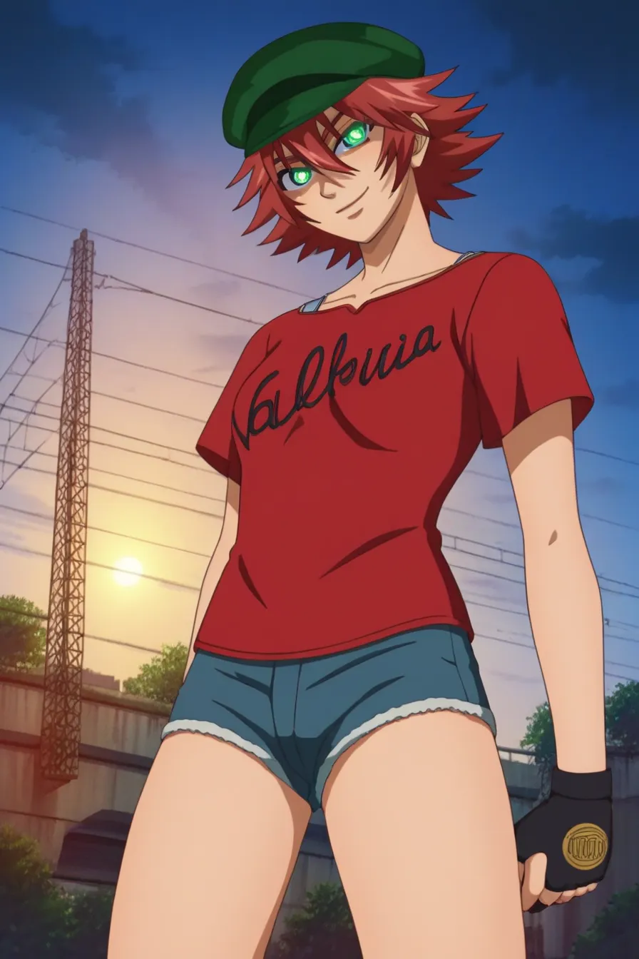 score_9, score_8_arriba, score_7_arriba, score_6_arriba, score_5_arriba, score_4_arriba, , red hair, short hair,  green eyes , green hat, red shirt, jeans,  ripped blue jeans, prendas asimétricas para las  legs,  clothes written , , 1 girl, suno, looking a...