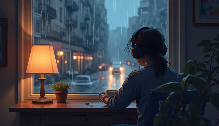 Create a realistic lofi-style image of a person sitting by a window on a rainy evening, wearing headphones and gazing out at the wet city street. The room is softly lit with warm, dim light from a lamp. The color scheme should include muted tones of blues,...