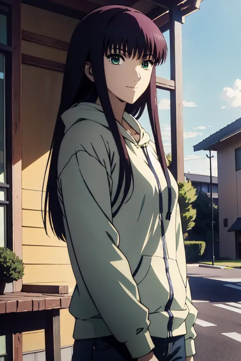 gentle expression,smile, Anime Girl in a black shirt and jeans standing on a balcony, Also, Another Iwakura, Anime Moe-style ,  casual pose , cyberpunk  Anime Girl in  hoodie, maAlso kitagawa fanart,  Anime Girl , Stay Laid-Back and Cool , Cute Girl Anime ...