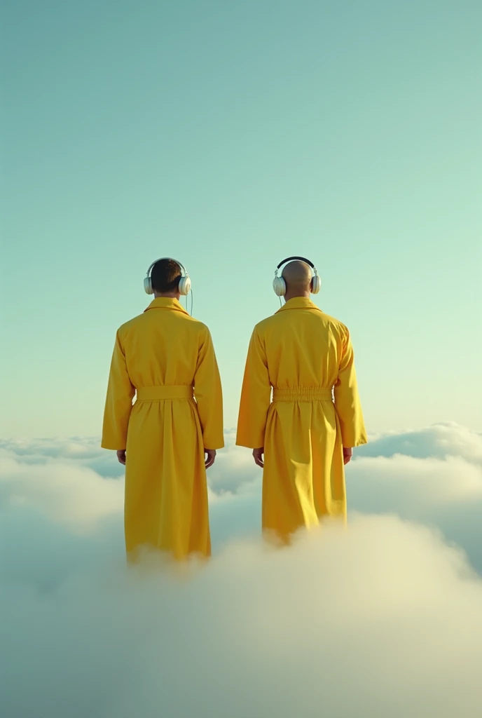 two men in yellow robes standing on top of a sky covered in clouds, in a cloud, 4k still from Breaking Bad, sylvain sarrailh and igor morski, by Mike Winkelmann, rob gonsalves and tim white, standing in a cloud, clemens ascher, With white headsets listenin...