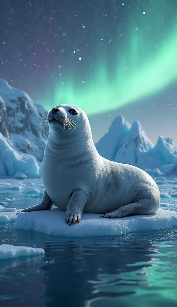 "A majestic adult harp seal with a sleek silver-gray coat, basking on a floating iceberg under the mesmerizing aurora borealis. Its once-small eyes now radiate intelligence and confidence as it surveys the vast frozen ocean. The background features an awe-...