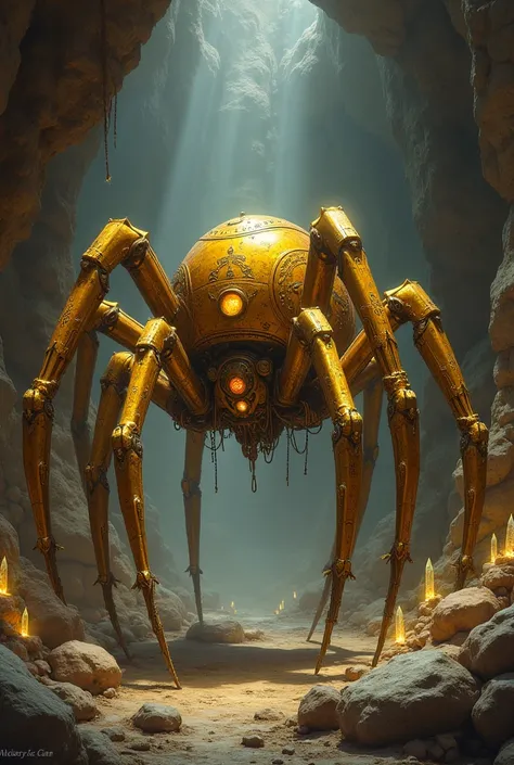 Rustic and old spider robot created by dwarves, made with a mystical gold material, It is located in a mysterious mine