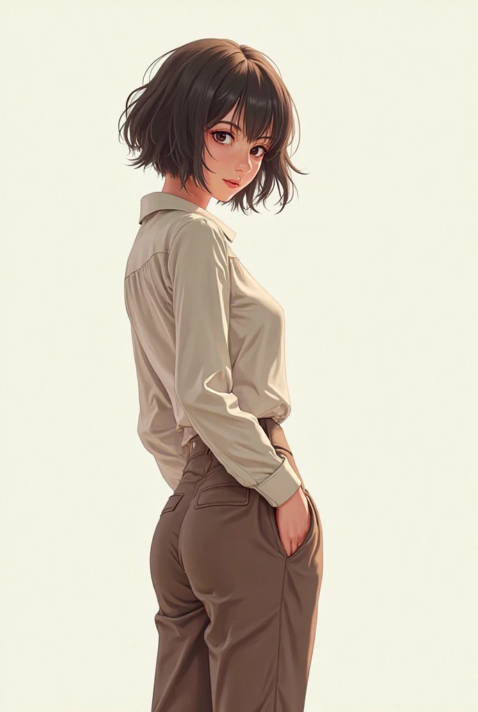 Anime woman standing and turning around with brown stools in pants