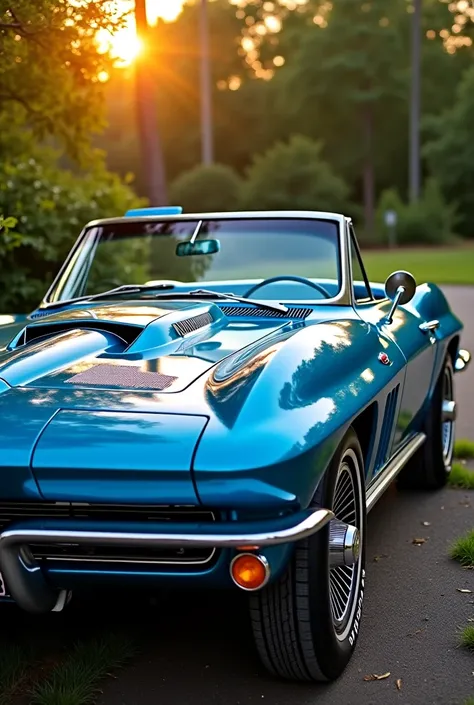 Create an image of a 2024 Chevrolet classic. The car must be bright blue with chrome accents. It must be a convertible with the top down, featuring a bright. The car must stand against green vegetation and trees, interior with a sunset or warm lighting, to...