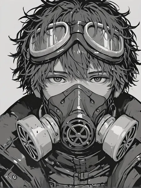 greyscale, monochrome, solo, goggles, 1boy, mask, male_focus, goggles_on_head, looking_at_viewer, gas_mask, simple_background, white_background, portrait, messy_hair, sketch, respirator
