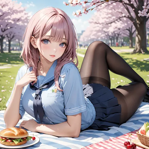  high school student, School uniform、BLACK tights、Cherry Blossom Viewing、cherry blossoms、lunch time、 picnic、masterpiece:1.5, masterpiece, 最high quality, Ultra High Resolution, retina, masterpiece,  accurate, anatomically accurate, textured skin, Super Deta...