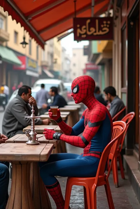 Spider-Man sitting at a traditional Egyptian café, wearing his iconic suit but in a relaxed posture, sipping tea from a glass cup. A shisha pipe rests on the table beside him. The atmosphere captures everyday Egyptian street life, with plastic tables and c...