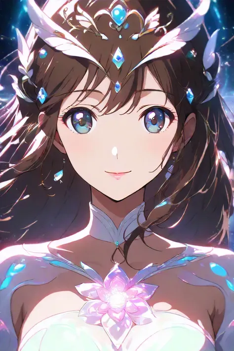 high quality　best image quality　Super Detail　Hi-Res　high quality　4k 8k white dancer 　long brown hair　  pink flower hair ornament  　 medium breasts　anime style　 open　Smiling Face