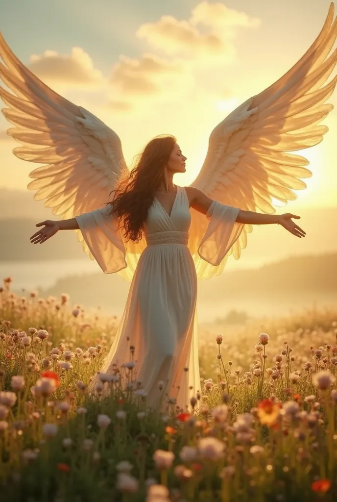 Create an image of the Angel of New Beginnings standing in a lush, vibrant landscape bathed in the first light of dawn. The angel should have outstretched wings, symbolizing freedom and new possibilities, with golden and soft pastel tones reflecting the en...