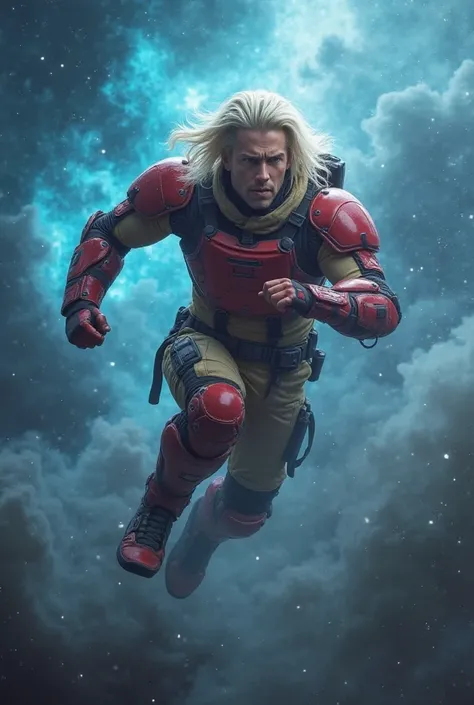 A strikingly handsome Caucasian man in his late 20s, with platinum medium-length hair, hovers in the vastness of space, poised for battle. He wears a fully padded combat suit, blood red with beige lining, designed for both offense and defense. His lean yet...