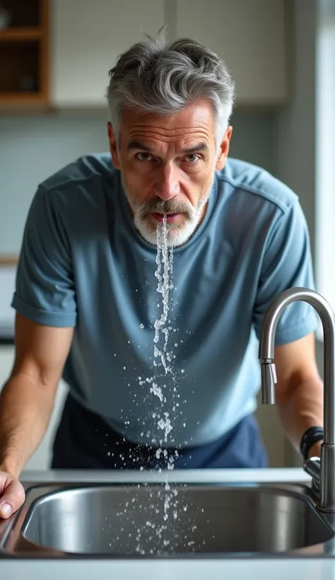 A man rinses water from a glass in his mouth and spits it out into the sink