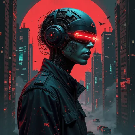 a cover for a book named "N.O.V.A." about the story of a private detective in a dystopian society in which deviations related to conscious artificial intelligence called Nova and transhumanism, cyberpunk, dark picture, blade runner, hyper realism, american...