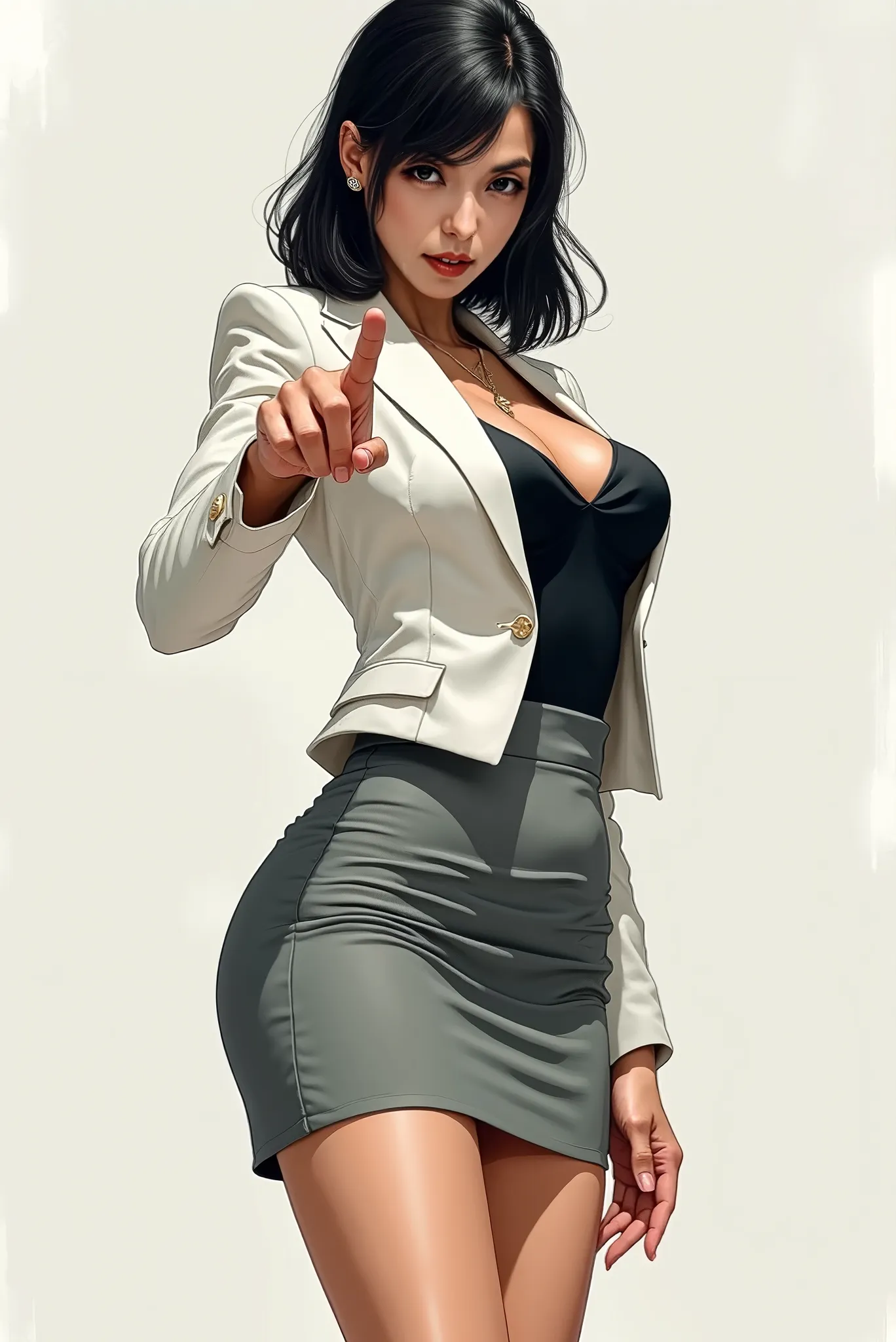  Female Unscrupulous Businessman Wearing a Business Suit with a Skirt、female unscrupulous businessman pointing a finger at his subordinate、A bad vicious businesswoman pointing a finger at her subordinate、 thin body、Thin Thighs Under Eyes、  Black hair mediu...