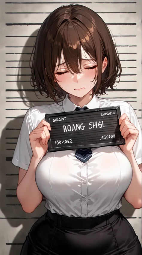 (best quality),1 adult woman , upper body ,curvy, large breasts, short hair ,dark brown hair , hairs between eyes, black short skirt, white short sleeve dress shirt, necktie ,Mugshot, Prisoner , scared ,closed eyes ,Mugshot Board, Hold the board, ((shadow)...