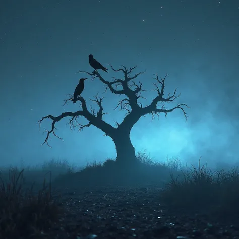 Two crows on a dead tree, Una sombra con Forma de caminante, starry night, There is thick fog on the ground, Blue light on the horizon, motor unreal 5, Kinesiology, low angle photography, DesenFoque de movimiento, ProFundidad de campo, dust, Pebbles and di...