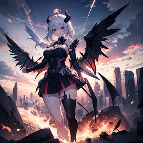 Masterpiece, best quality, ultra-detailed, anime style, Chaos Demon girl, like smoke and shadow given form, giant horn and giant wing, shadow sword and shadow claw, supernatural Lightning and flame, ((Eight-pointed star symbol)), 8k high resolution, trendi...